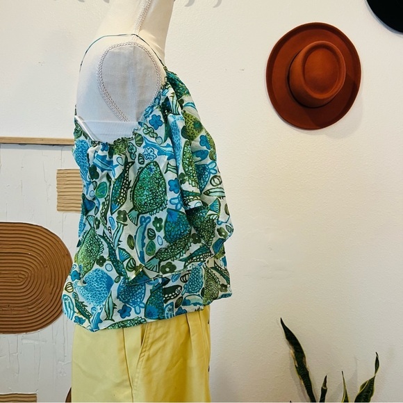 Anthropologie Vanessa Virginia Silk Fish Print Off Shoulder Blouse - Picture 2 of 12